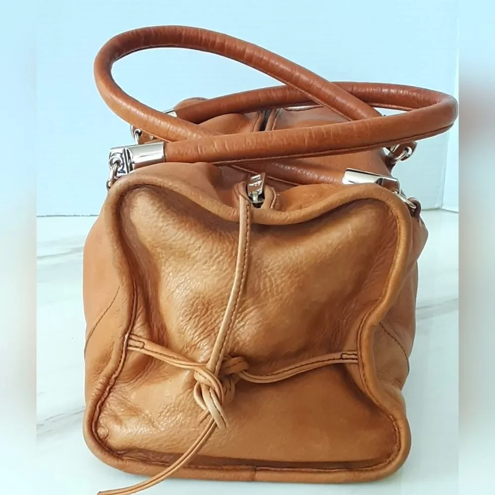 Tre Vero Pebble Caramel Leather Double Handle Cinch Gold Accent Handbag